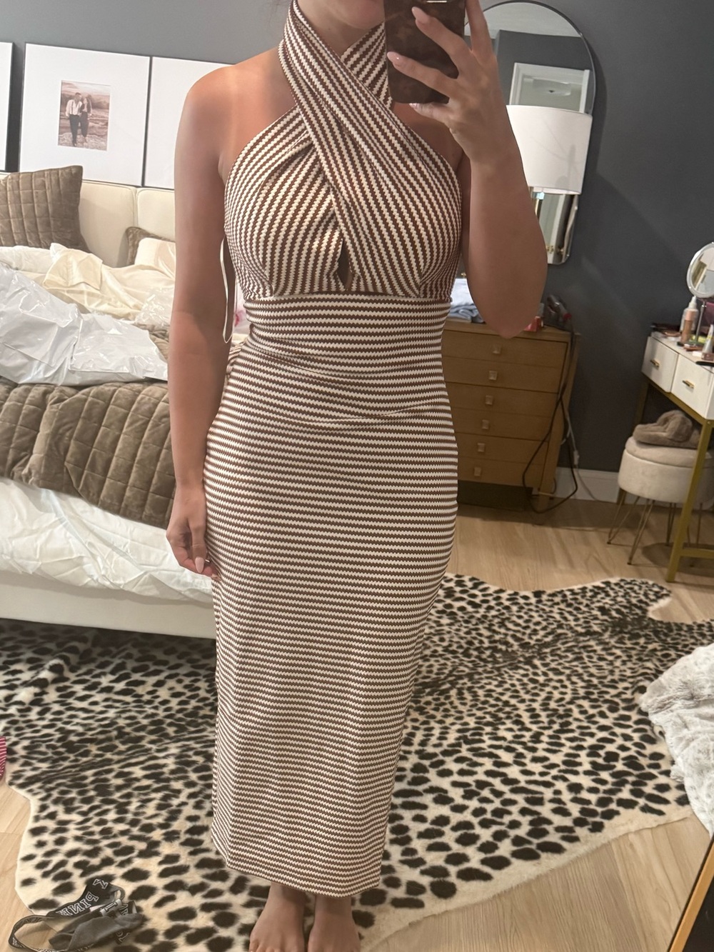 Amanda Uprichard Conchita Halter Body-con Dress in Brown and Cream - Picture 5 of 5